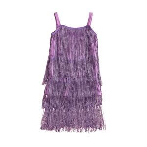 NWT Girls Purple Sequin Fringe Tassel Dance Dress Twirly Latin Outfit 7/8